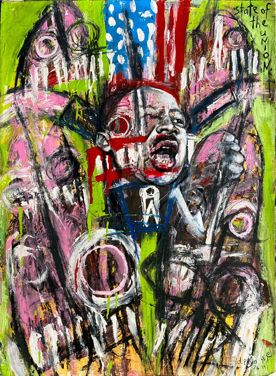 COLLAB painting Dream State by Dana Ellyn and Matt Sesow — a figure emerging mid-speech through chaotic brushwork, a dripping American flag, and acid green background