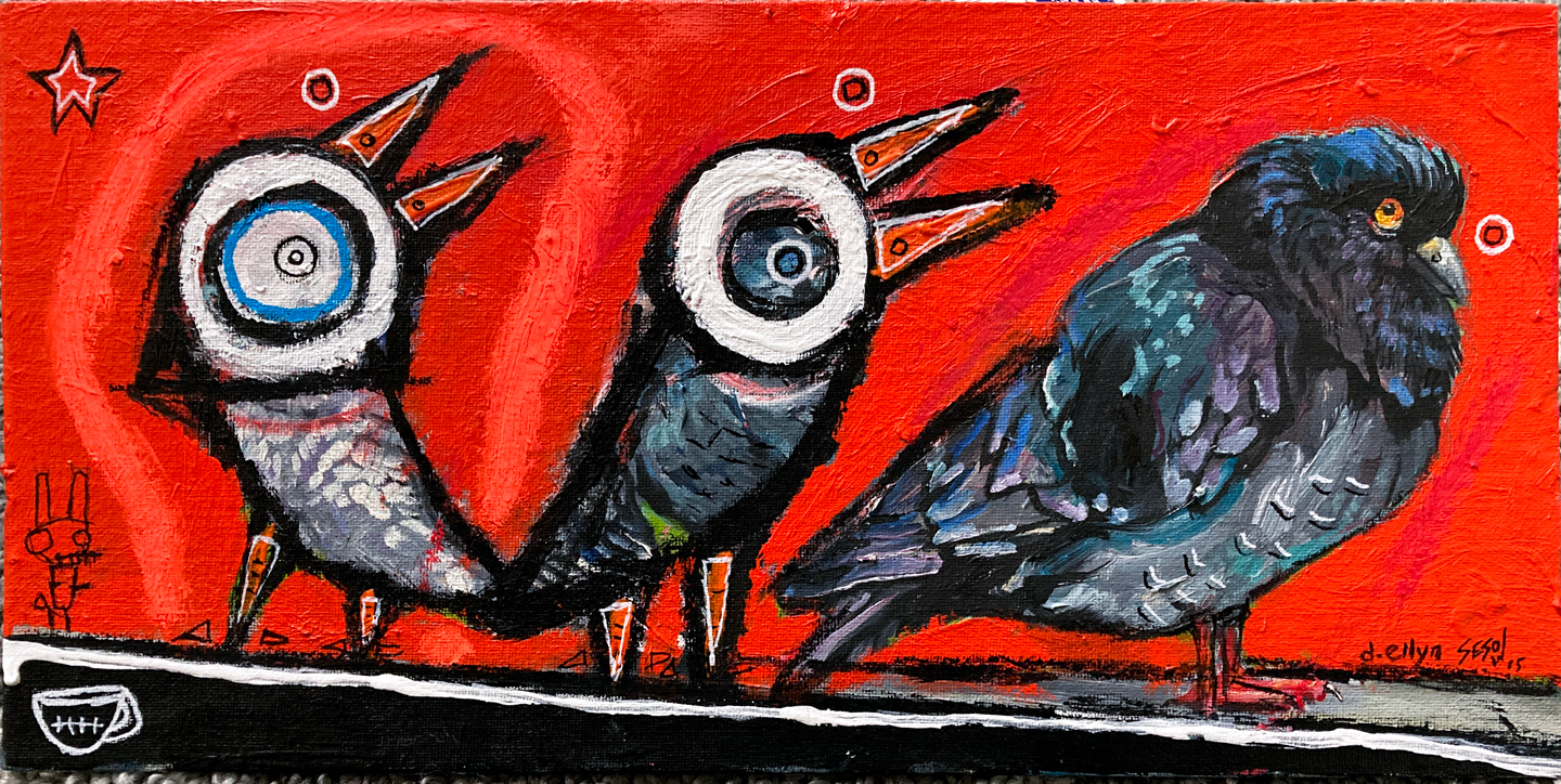 three pigeons on a ledge with a red background