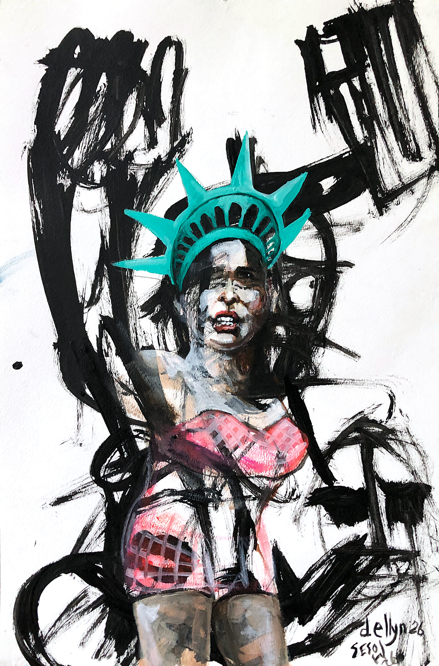Expressive portrait of a woman standing with her arm raised and wearing Statue of Liberty crown