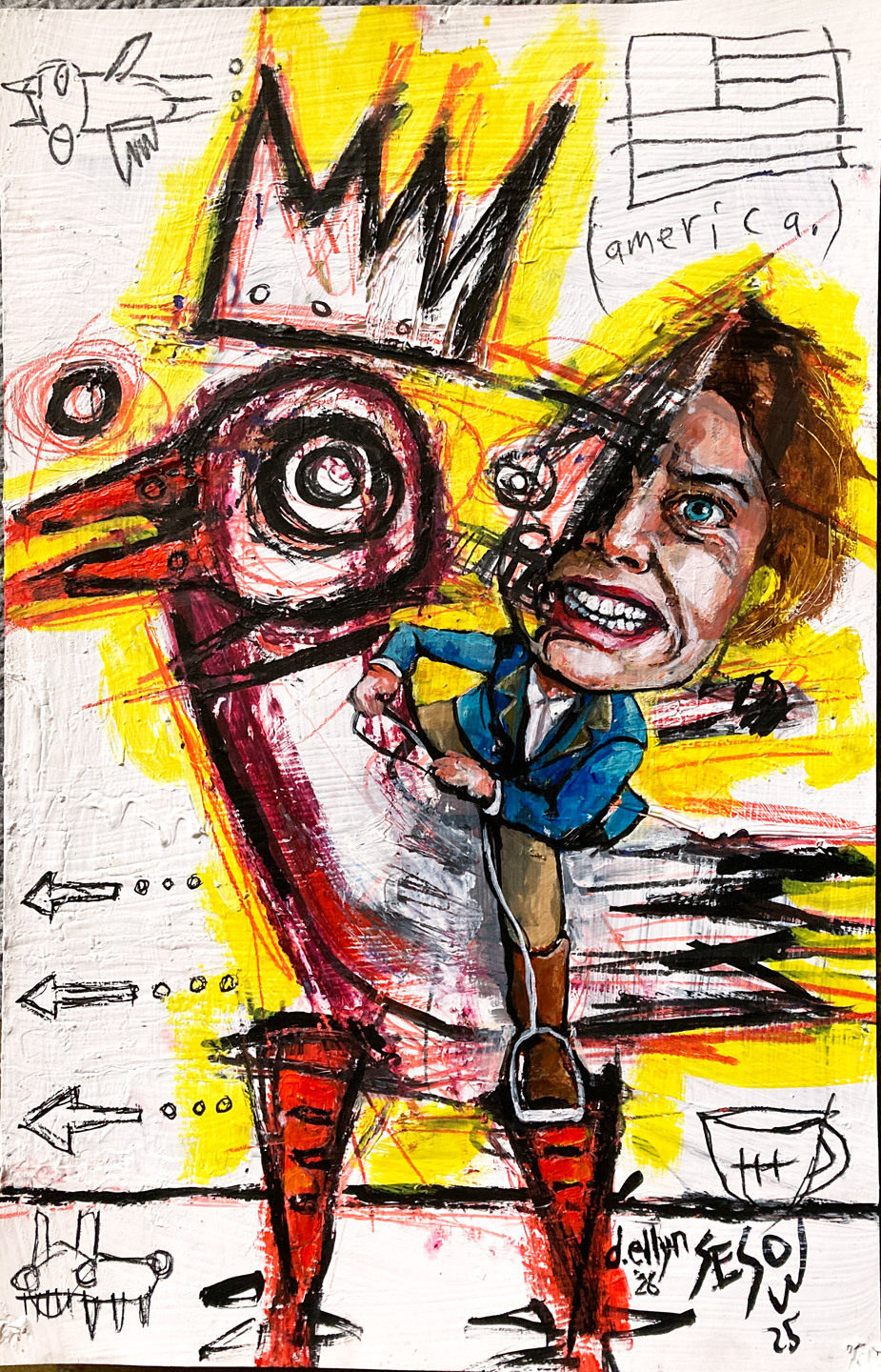 Crowned figure riding a horse, holding reins, with American flag sketch and bold yellow abstract background.