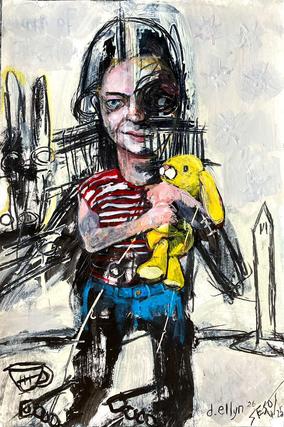 Expressionist painting of a child with a large head holding a worn yellow stuffed rabbit, seated in an industrial landscape with dark sketchy structures and stark shadows.