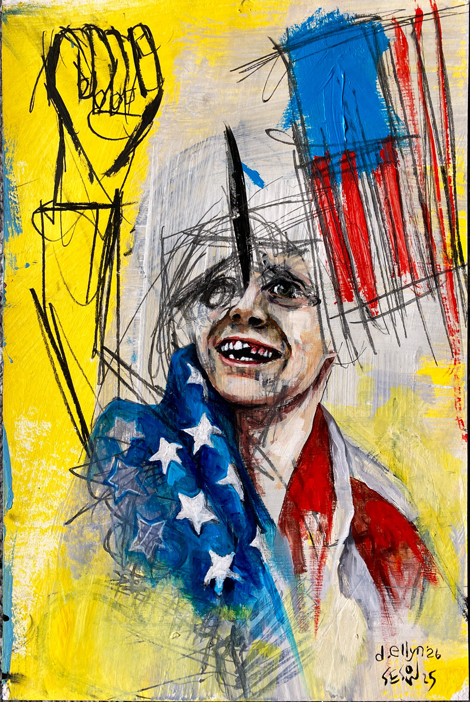 Expressive portrait inspired by Olympic hockey victory, featuring a smiling figure in American flag colors with dynamic abstract marks.